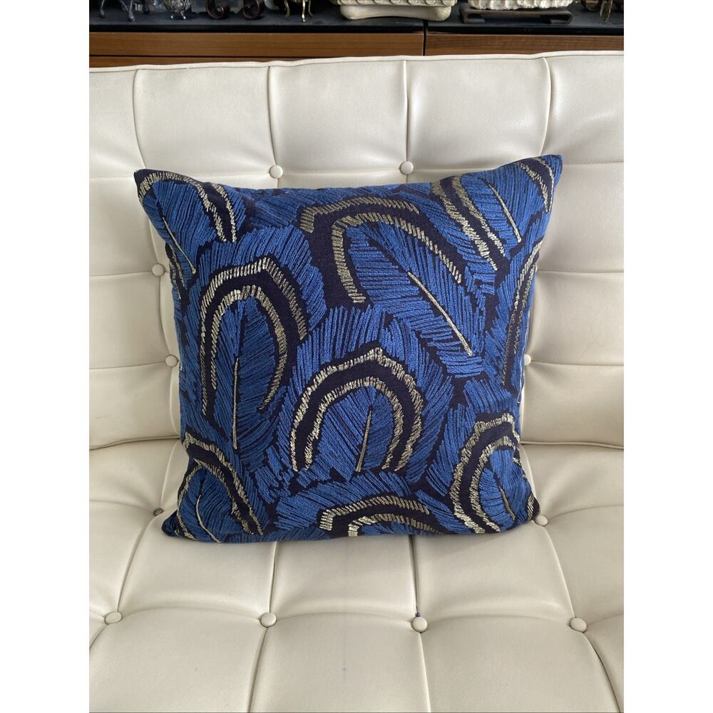 Kaufman Plumes Navy Blue Gold Throw Pillow Cover "One Pillow Two Looks" 18” squ.